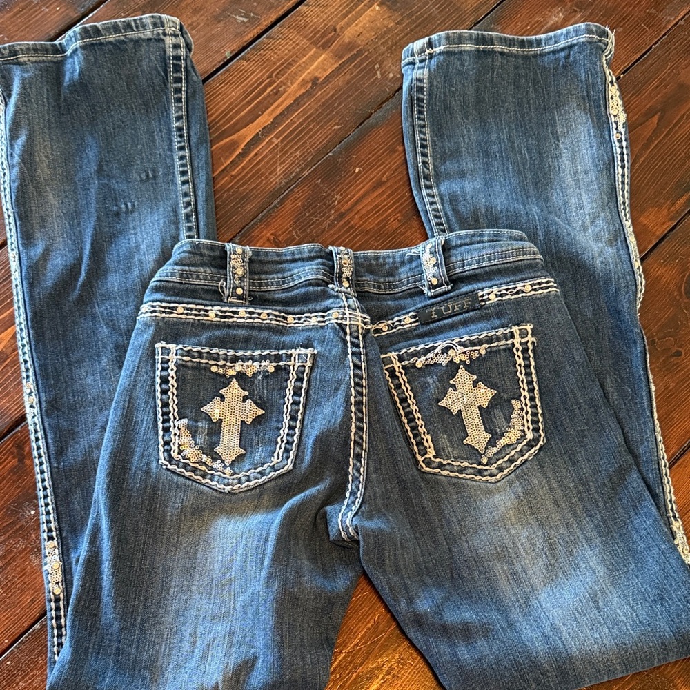 Cowgirl Tuff Women's Blue Boot Cut Jeans with White Stitching